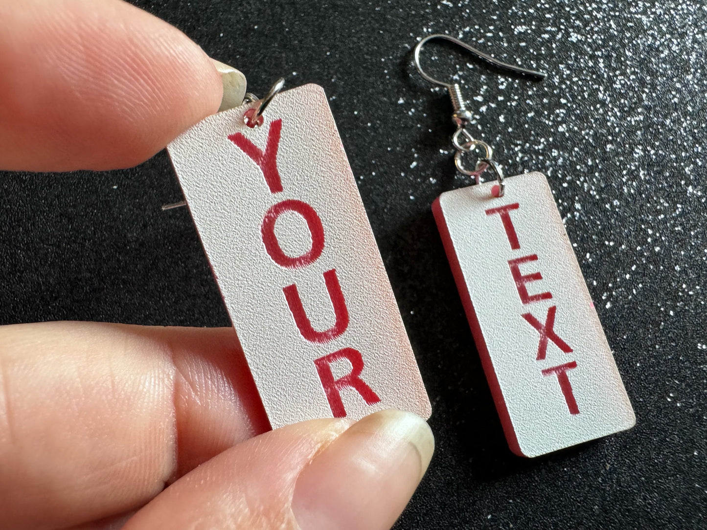 Custom Text Earrings: Laser Engraved Words, White with Pink Text, Letters, Names, Teacher Gift, Anniversary, Best Gifts for Her/Him/Them