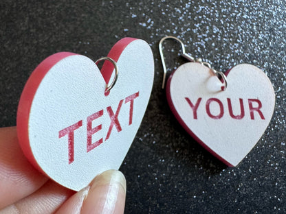 Custom Text Earrings: Laser Engraved Words, White with Pink Text, Letters, Names, Teacher Gift, Anniversary, Best Gifts for Her/Him/Them