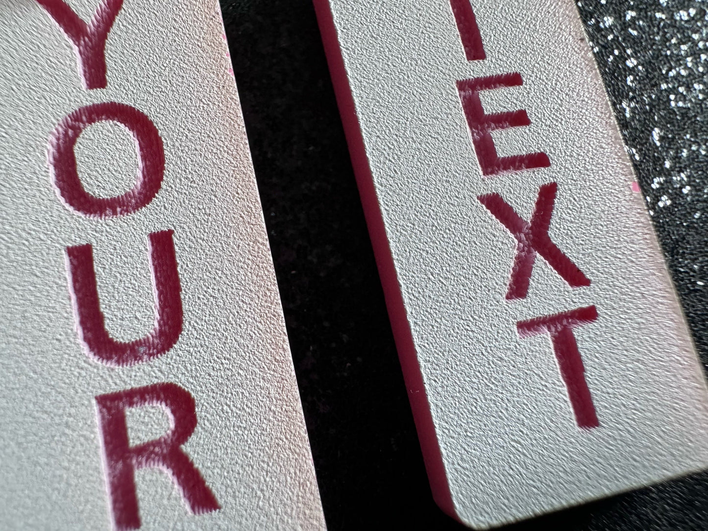 Custom Text Earrings: Laser Engraved Words, White with Pink Text, Letters, Names, Teacher Gift, Anniversary, Best Gifts for Her/Him/Them