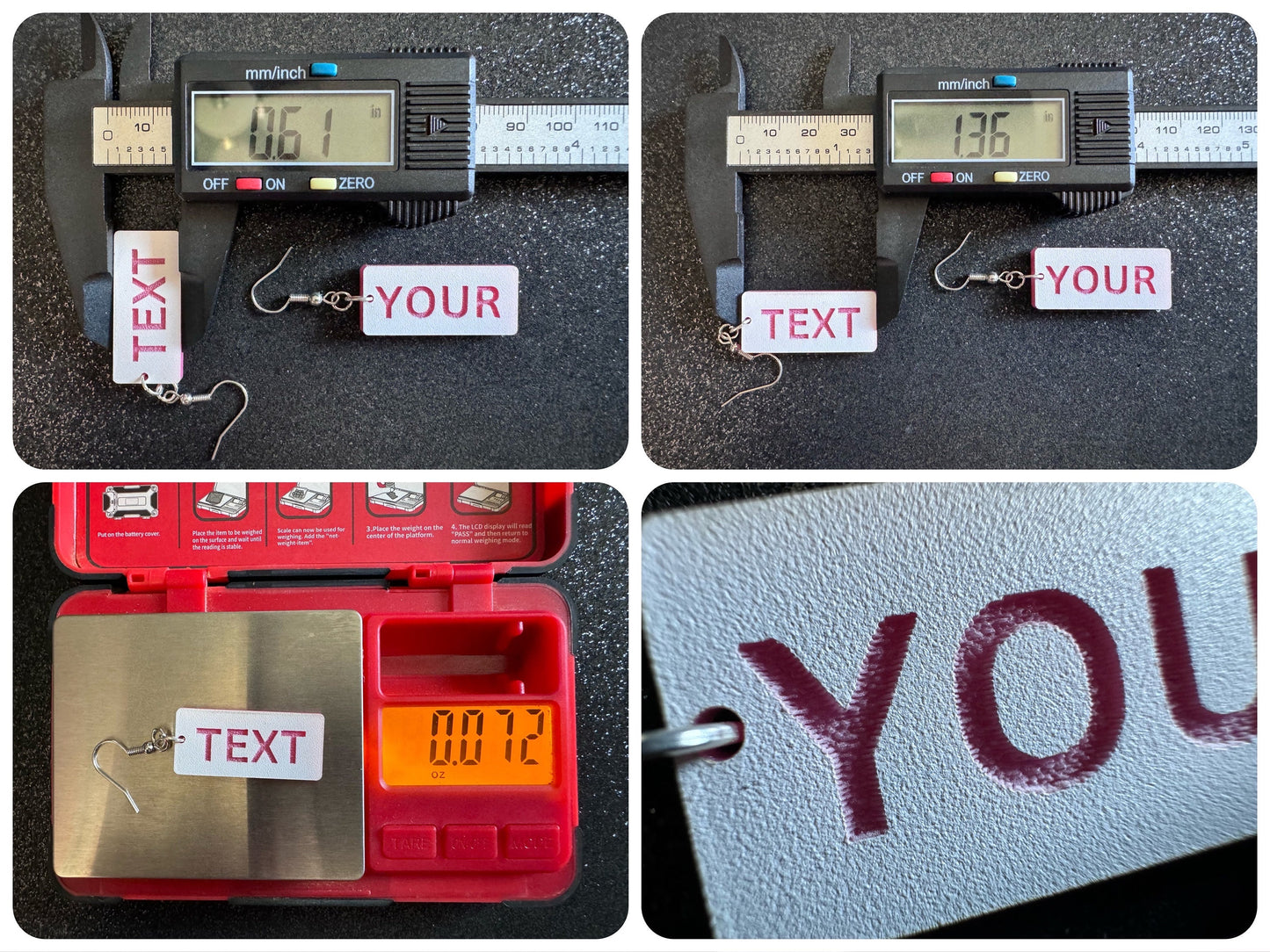 Custom Text Earrings: Laser Engraved Words, White with Pink Text, Letters, Names, Teacher Gift, Anniversary, Best Gifts for Her/Him/Them