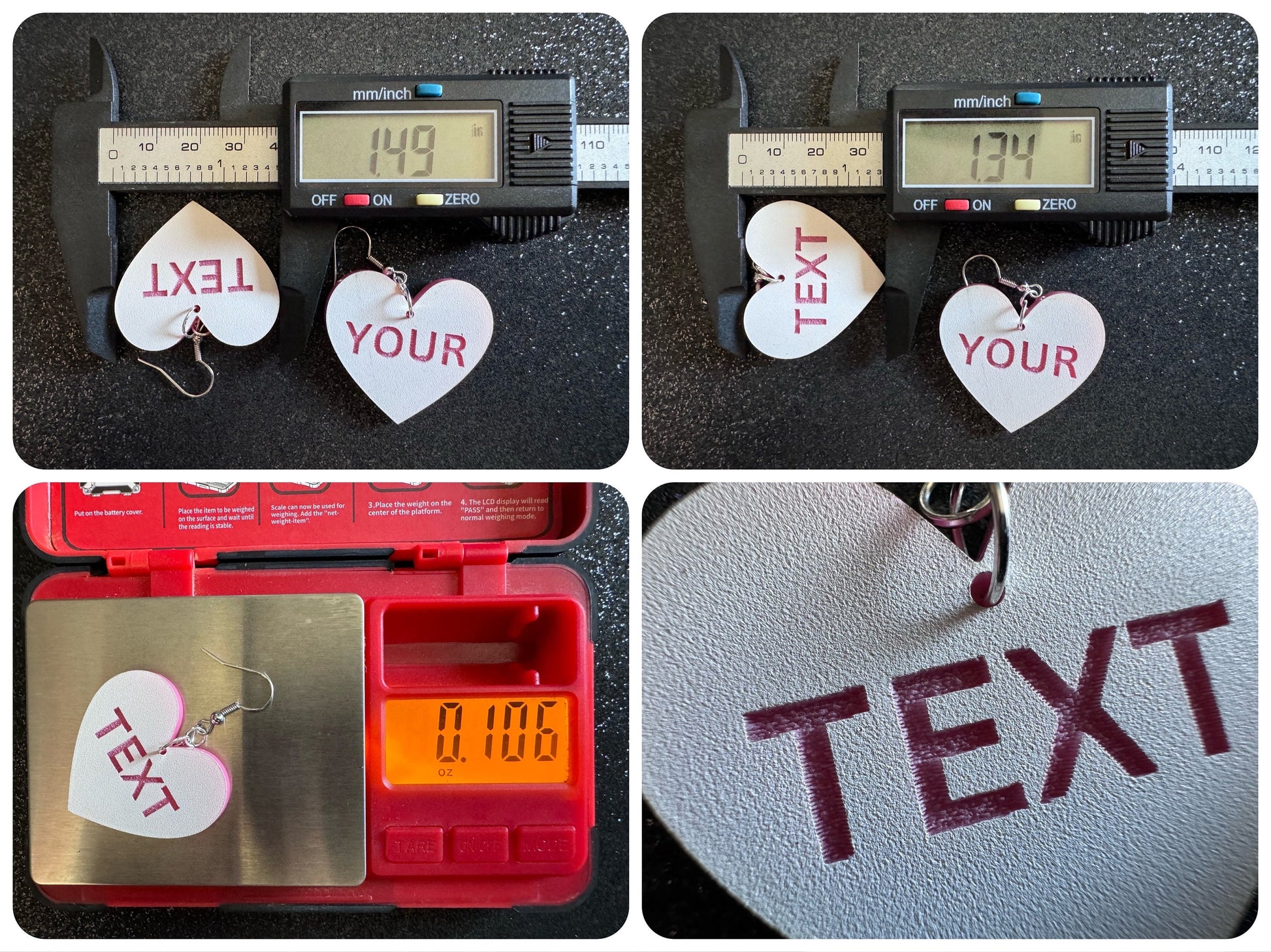 Custom Text Earrings: Laser Engraved Words, White with Pink Text, Letters, Names, Teacher Gift, Anniversary, Best Gifts for Her/Him/Them