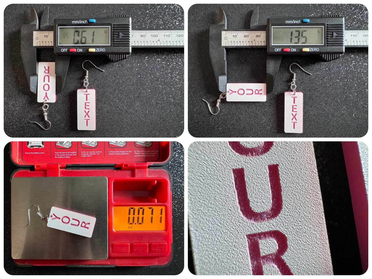 Custom Text Earrings: Laser Engraved Words, White with Pink Text, Letters, Names, Teacher Gift, Anniversary, Best Gifts for Her/Him/Them