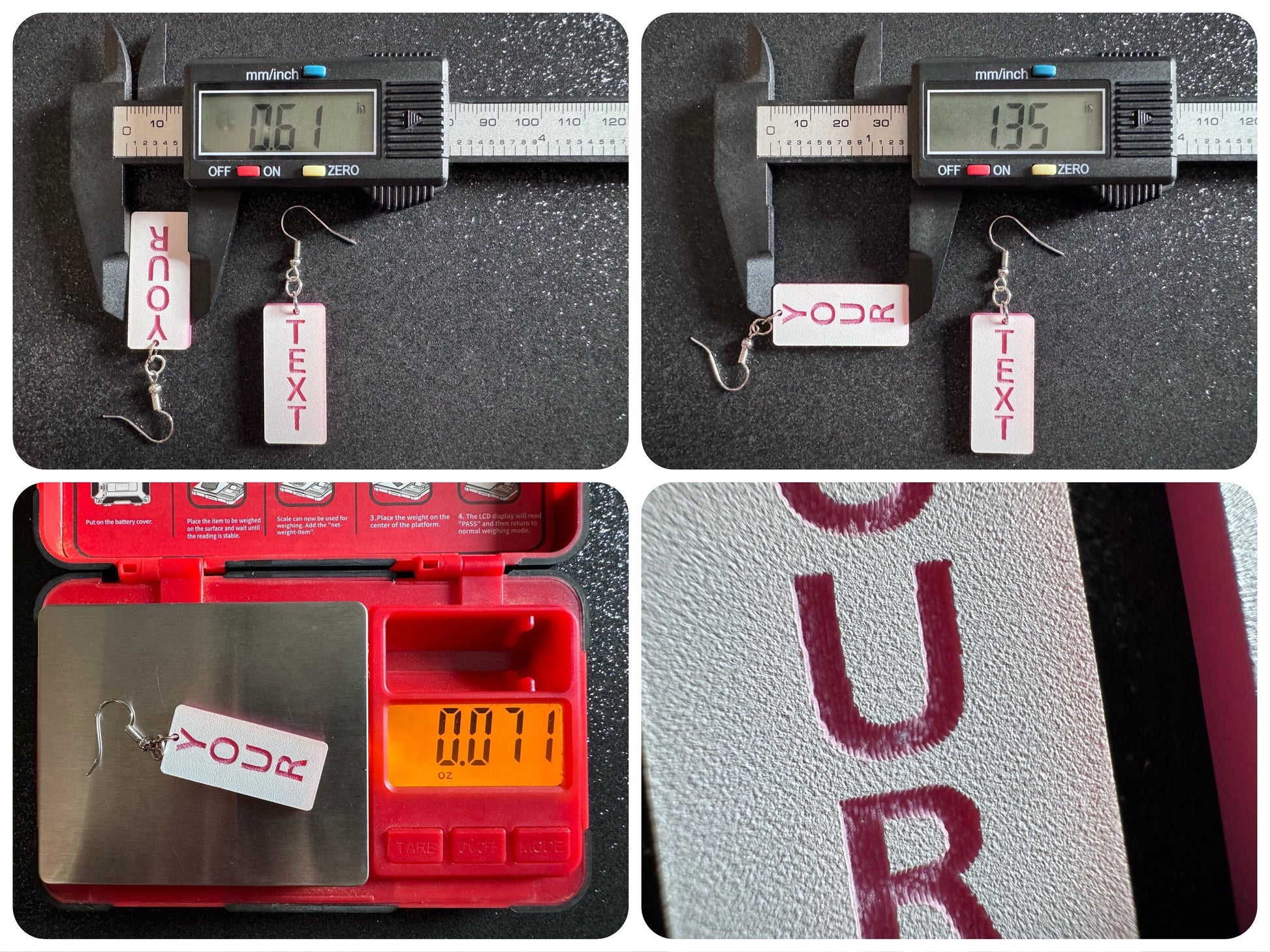 Custom Text Earrings: Laser Engraved Words, White with Pink Text, Letters, Names, Teacher Gift, Anniversary, Best Gifts for Her/Him/Them