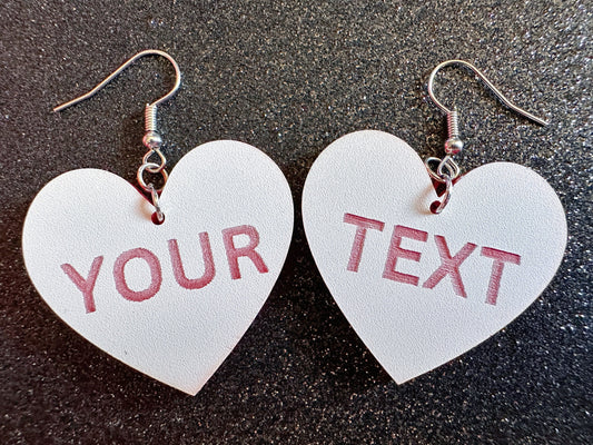 Custom Text Earrings: Laser Engraved Words, White with Red Text, Letters, Names, Teacher Gift, Anniversary, Best Gifts for Her/Him/Them