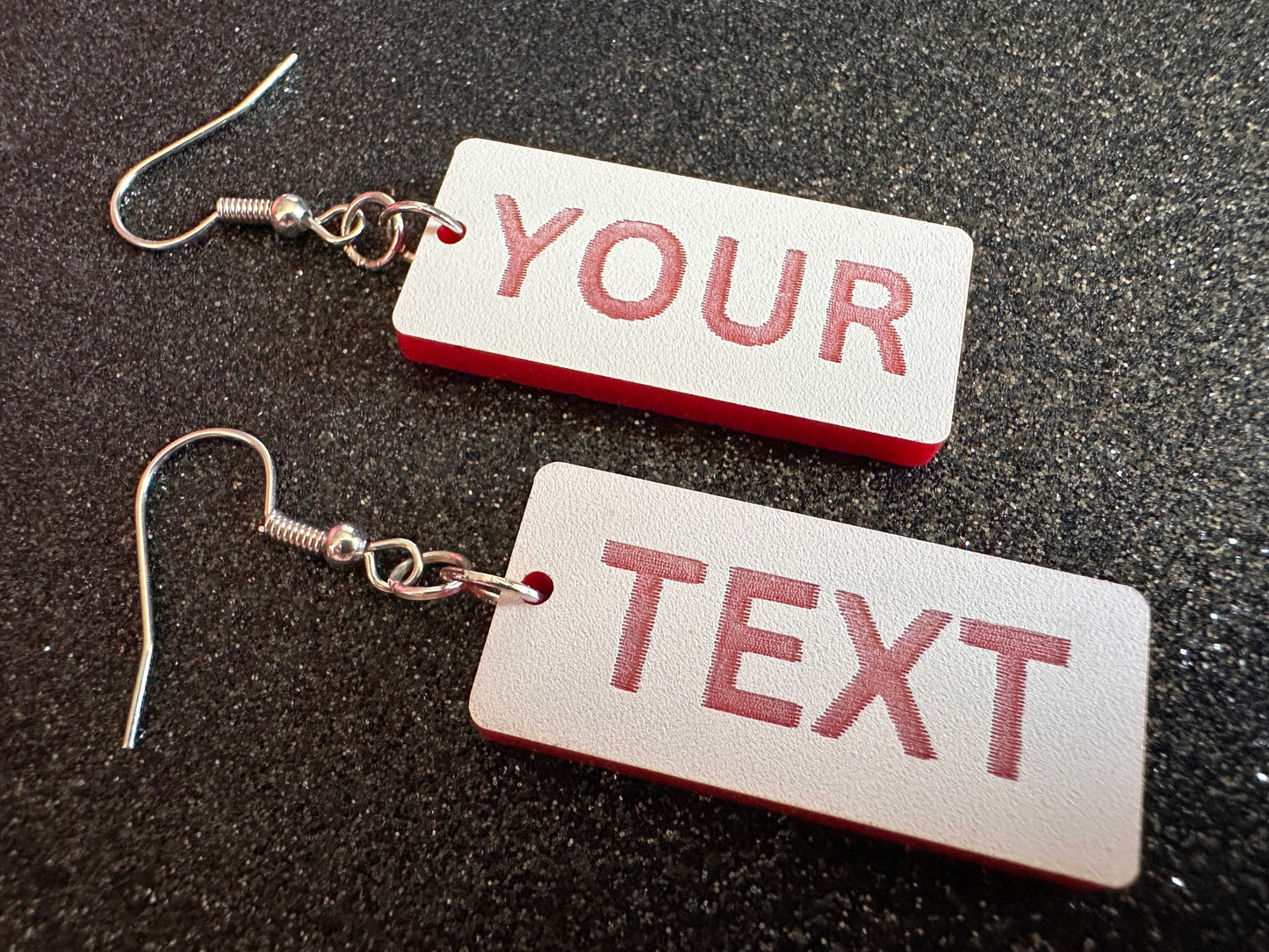 Custom Text Earrings: Laser Engraved Words, White with Red Text, Letters, Names, Teacher Gift, Anniversary, Best Gifts for Her/Him/Them