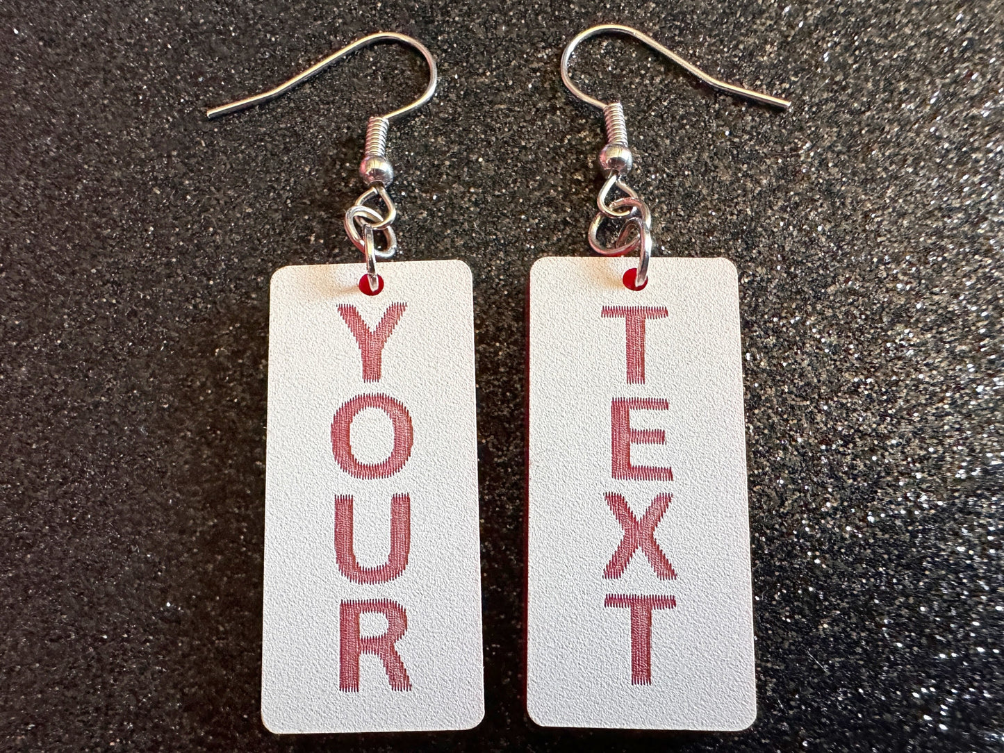 Custom Text Earrings: Laser Engraved Words, White with Red Text, Letters, Names, Teacher Gift, Anniversary, Best Gifts for Her/Him/Them