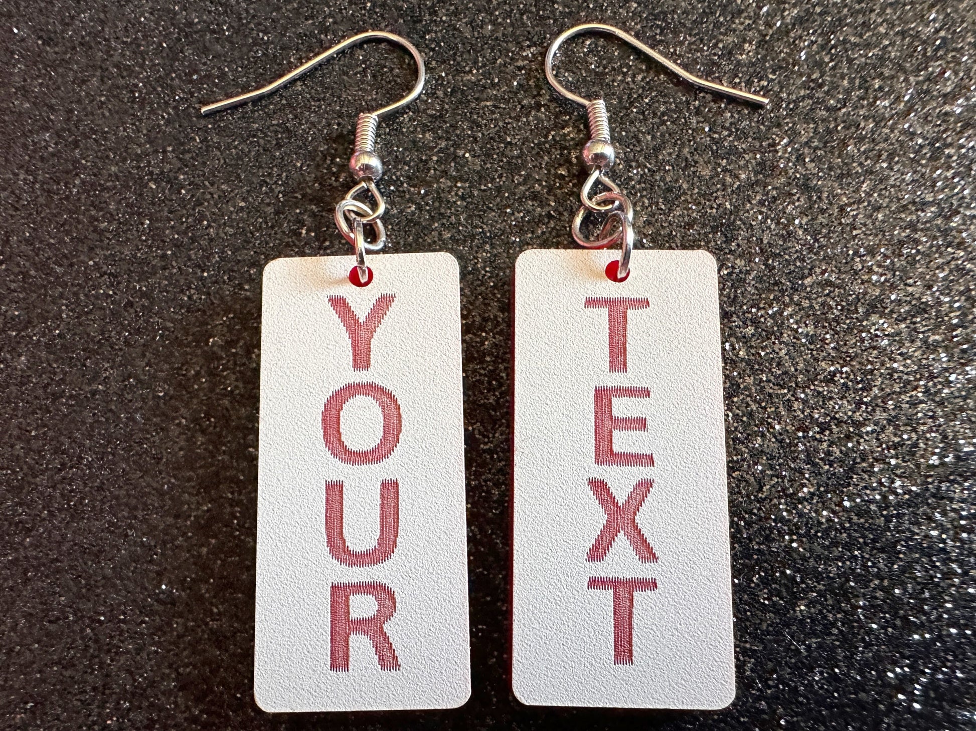 Custom Text Earrings: Laser Engraved Words, White with Red Text, Letters, Names, Teacher Gift, Anniversary, Best Gifts for Her/Him/Them
