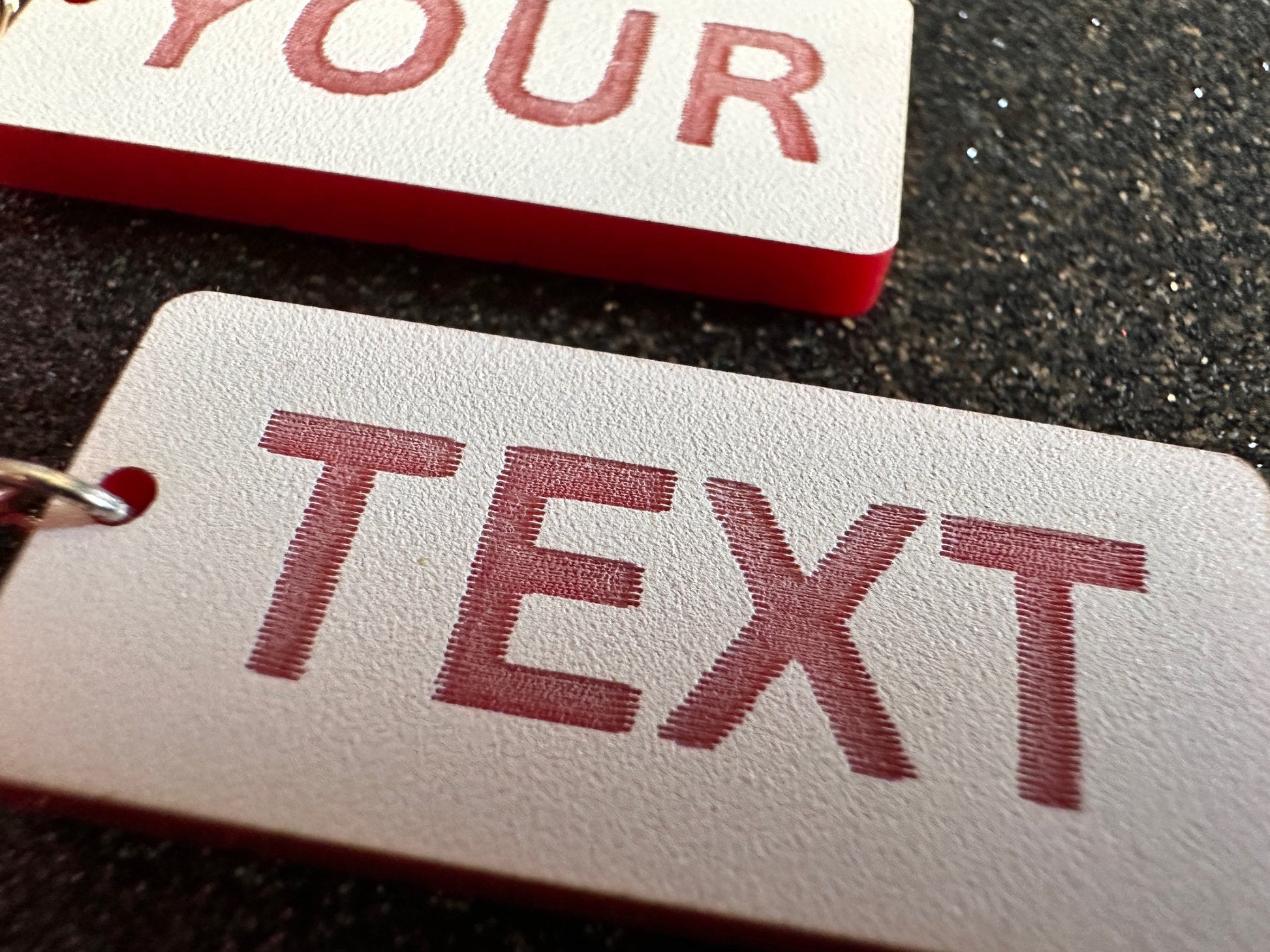 Custom Text Earrings: Laser Engraved Words, White with Red Text, Letters, Names, Teacher Gift, Anniversary, Best Gifts for Her/Him/Them