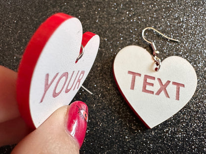 Custom Text Earrings: Laser Engraved Words, White with Red Text, Letters, Names, Teacher Gift, Anniversary, Best Gifts for Her/Him/Them