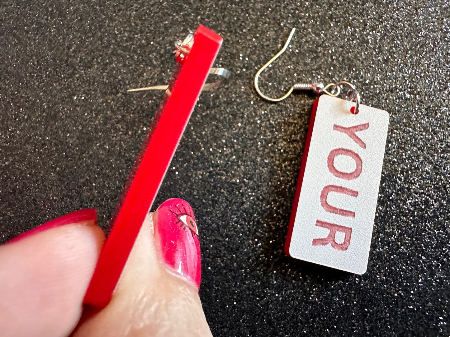 Custom Text Earrings: Laser Engraved Words, White with Red Text, Letters, Names, Teacher Gift, Anniversary, Best Gifts for Her/Him/Them