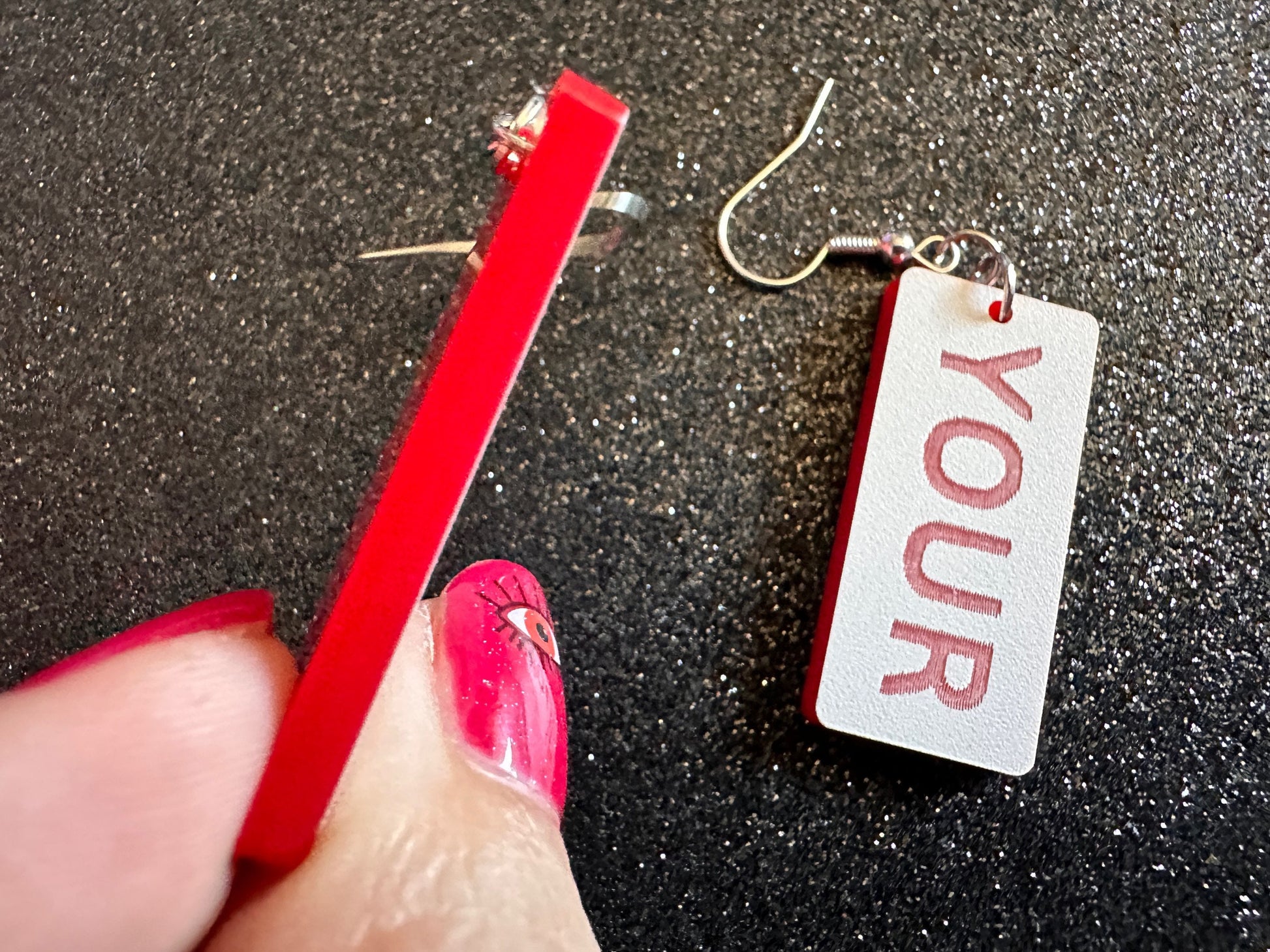 Custom Text Earrings: Laser Engraved Words, White with Red Text, Letters, Names, Teacher Gift, Anniversary, Best Gifts for Her/Him/Them