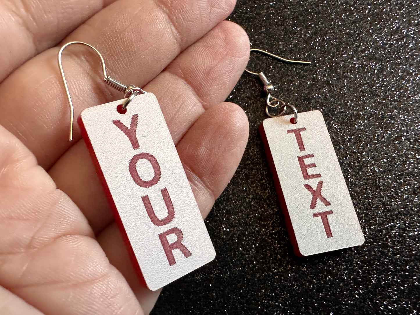 Custom Text Earrings: Laser Engraved Words, White with Red Text, Letters, Names, Teacher Gift, Anniversary, Best Gifts for Her/Him/Them