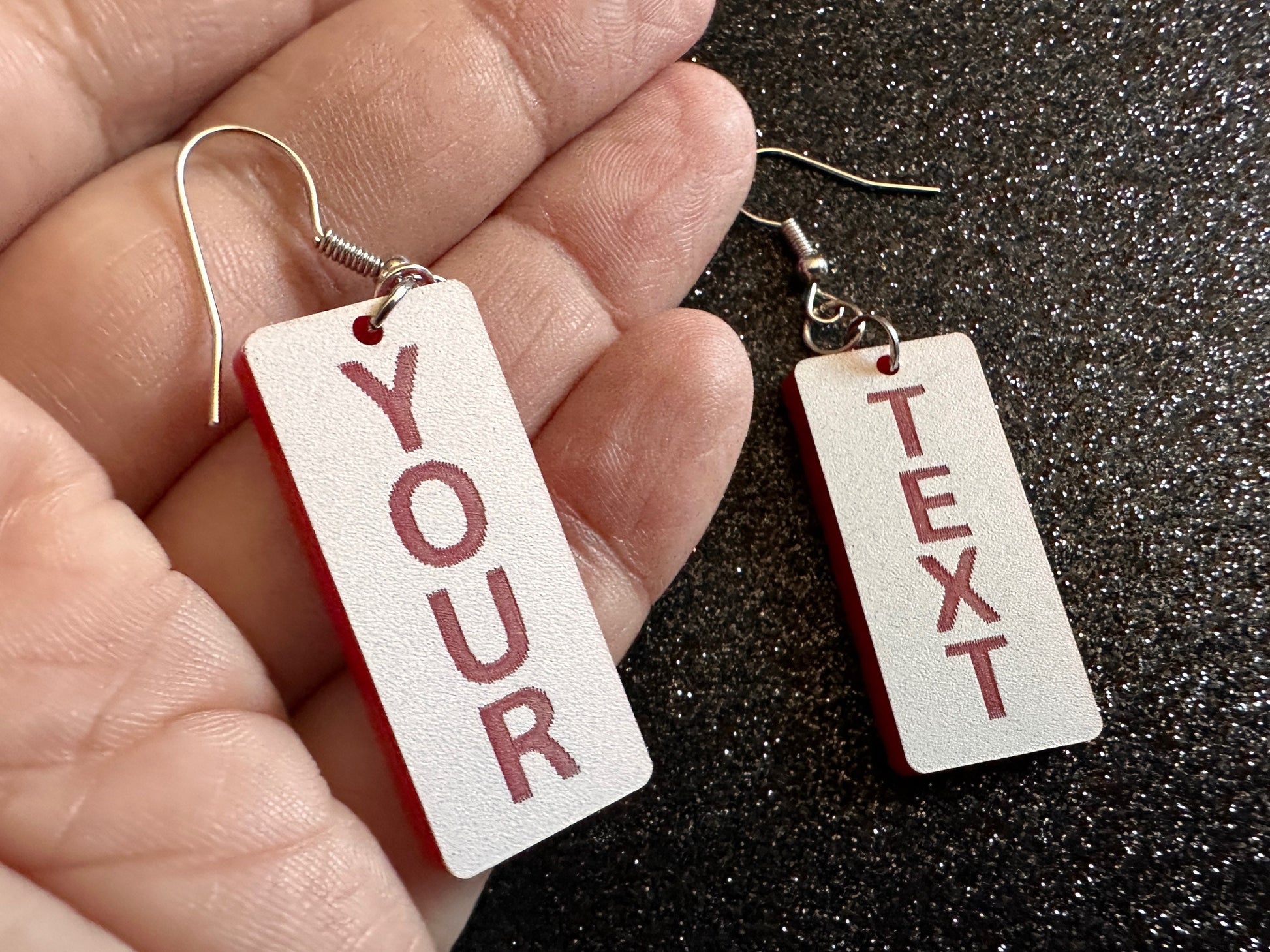 Custom Text Earrings: Laser Engraved Words, White with Red Text, Letters, Names, Teacher Gift, Anniversary, Best Gifts for Her/Him/Them