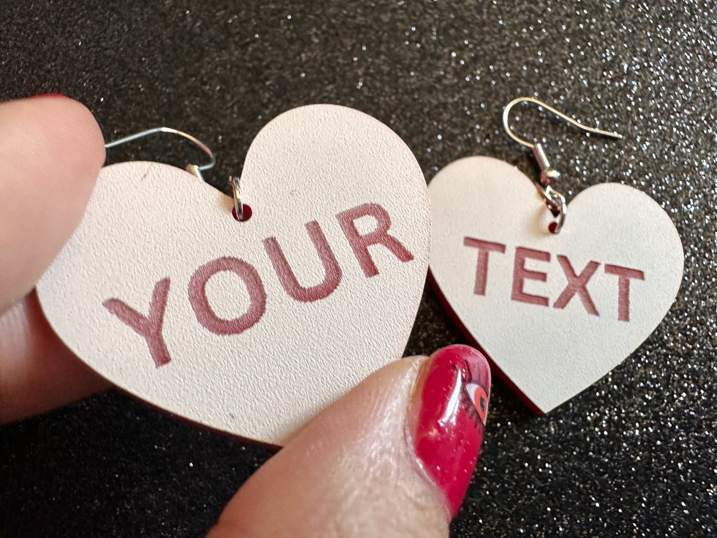 Custom Text Earrings: Laser Engraved Words, White with Red Text, Letters, Names, Teacher Gift, Anniversary, Best Gifts for Her/Him/Them