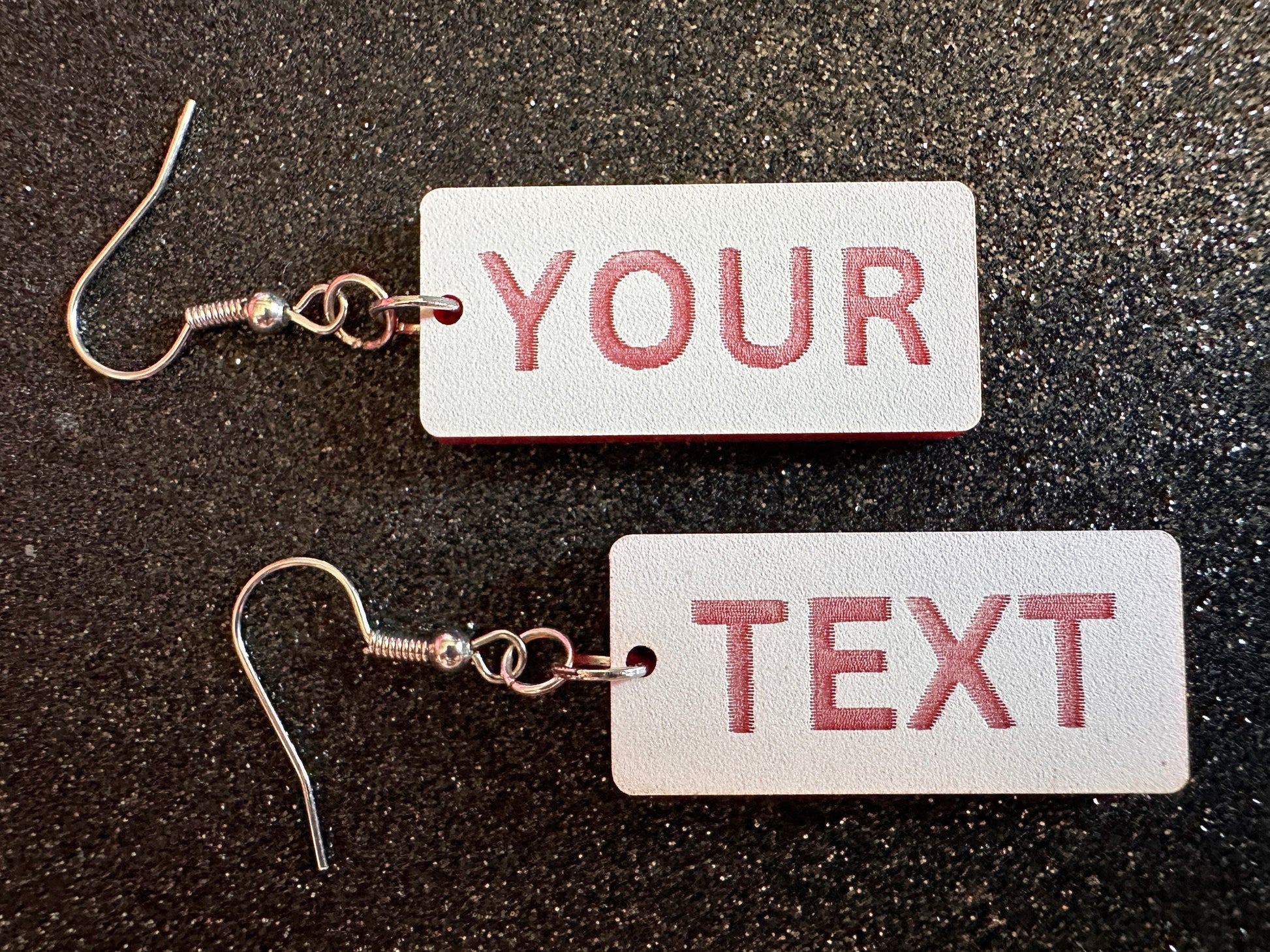 Custom Text Earrings: Laser Engraved Words, White with Red Text, Letters, Names, Teacher Gift, Anniversary, Best Gifts for Her/Him/Them