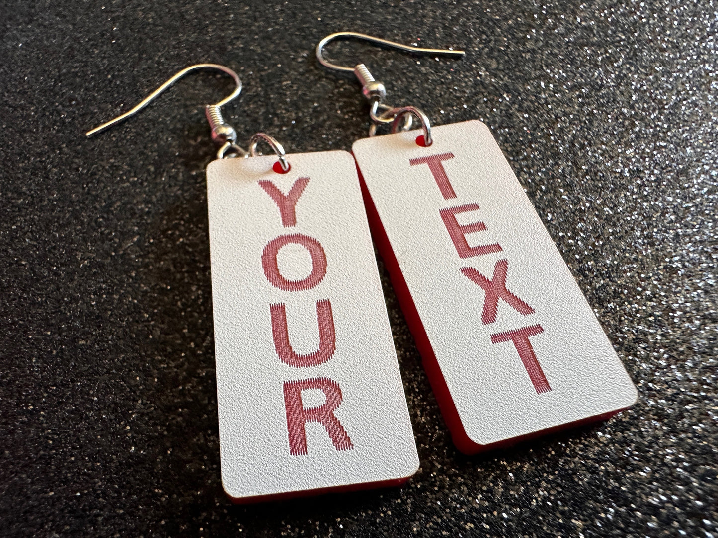 Custom Text Earrings: Laser Engraved Words, White with Red Text, Letters, Names, Teacher Gift, Anniversary, Best Gifts for Her/Him/Them