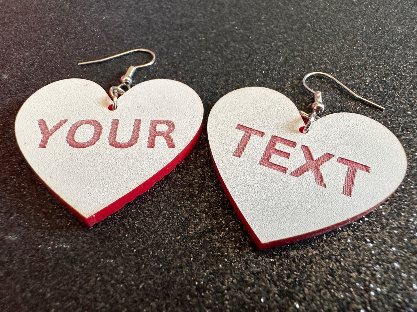 Custom Text Earrings: Laser Engraved Words, White with Red Text, Letters, Names, Teacher Gift, Anniversary, Best Gifts for Her/Him/Them