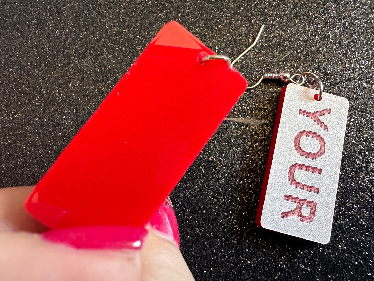 Custom Text Earrings: Laser Engraved Words, White with Red Text, Letters, Names, Teacher Gift, Anniversary, Best Gifts for Her/Him/Them