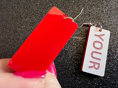 Custom Text Earrings: Laser Engraved Words, White with Red Text, Letters, Names, Teacher Gift, Anniversary, Best Gifts for Her/Him/Them
