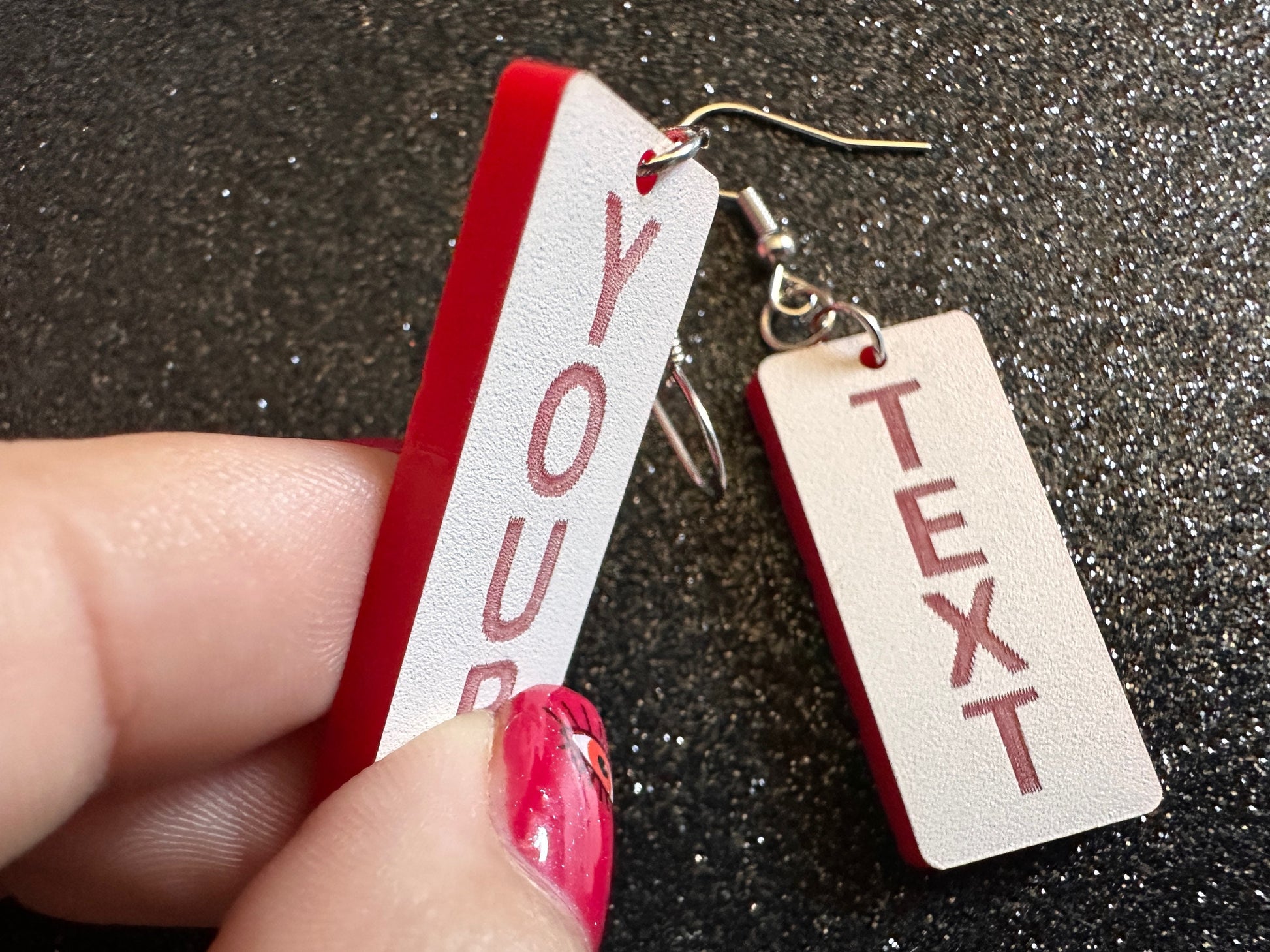 Custom Text Earrings: Laser Engraved Words, White with Red Text, Letters, Names, Teacher Gift, Anniversary, Best Gifts for Her/Him/Them