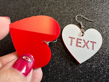 Custom Text Earrings: Laser Engraved Words, White with Red Text, Letters, Names, Teacher Gift, Anniversary, Best Gifts for Her/Him/Them