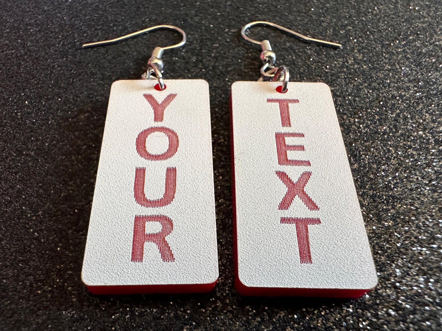 Custom Text Earrings: Laser Engraved Words, White with Red Text, Letters, Names, Teacher Gift, Anniversary, Best Gifts for Her/Him/Them