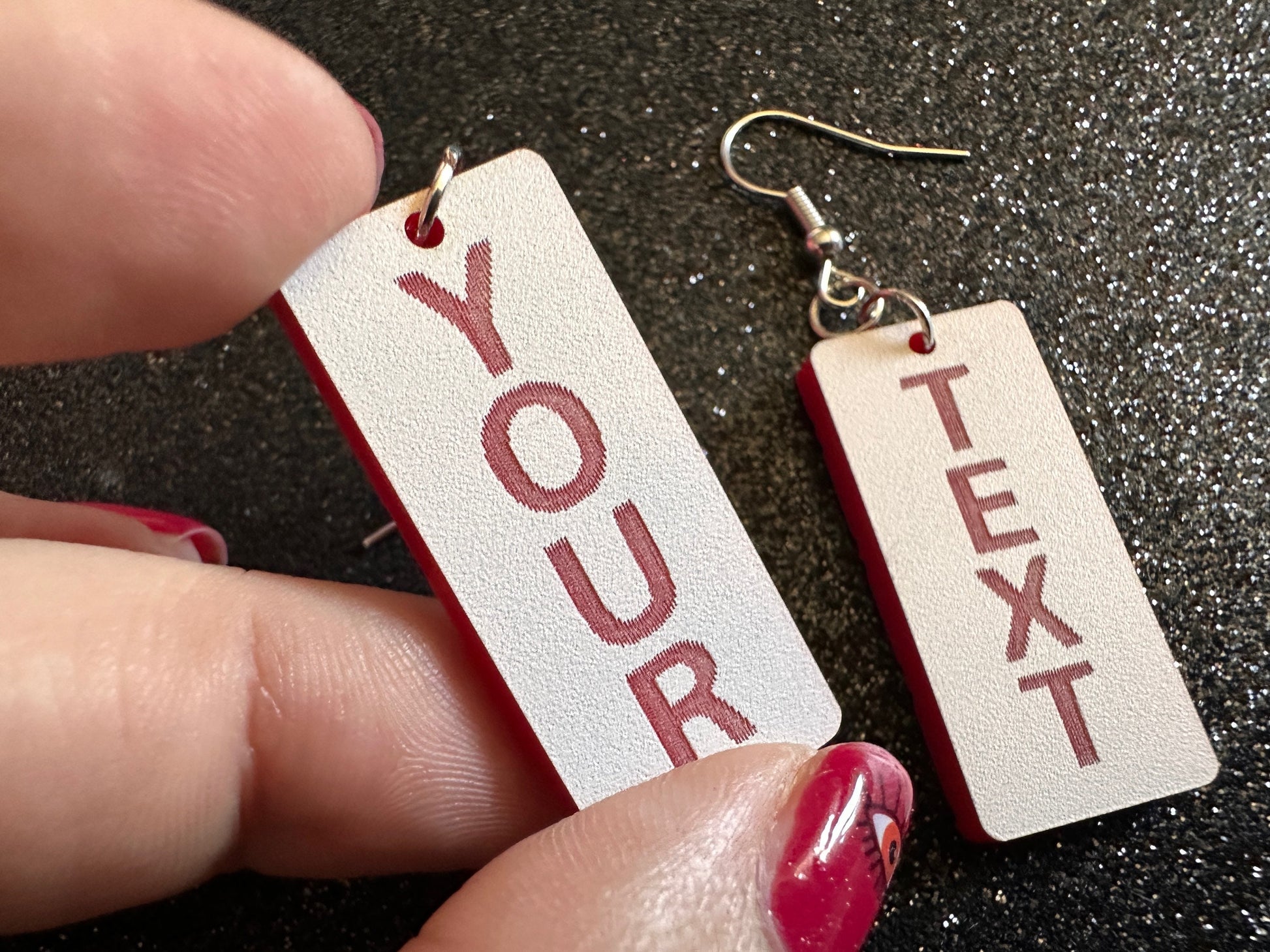 Custom Text Earrings: Laser Engraved Words, White with Red Text, Letters, Names, Teacher Gift, Anniversary, Best Gifts for Her/Him/Them