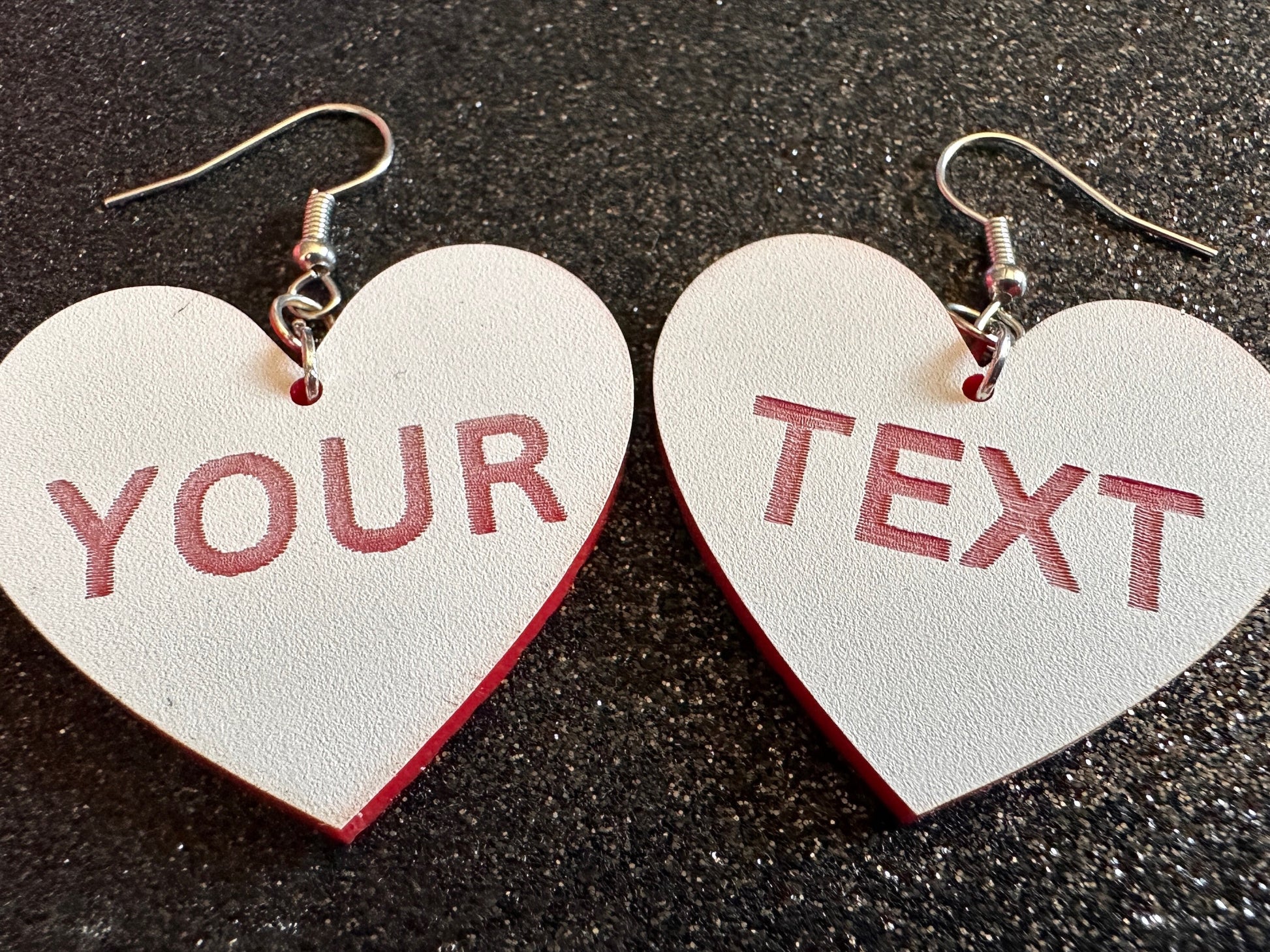 Custom Text Earrings: Laser Engraved Words, White with Red Text, Letters, Names, Teacher Gift, Anniversary, Best Gifts for Her/Him/Them