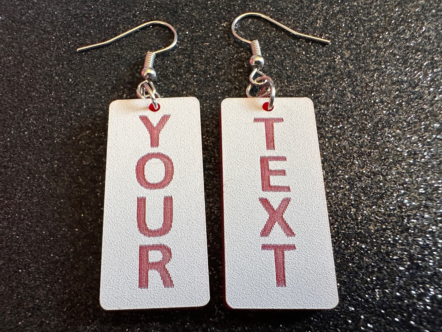 Custom Text Earrings: Laser Engraved Words, White with Red Text, Letters, Names, Teacher Gift, Anniversary, Best Gifts for Her/Him/Them