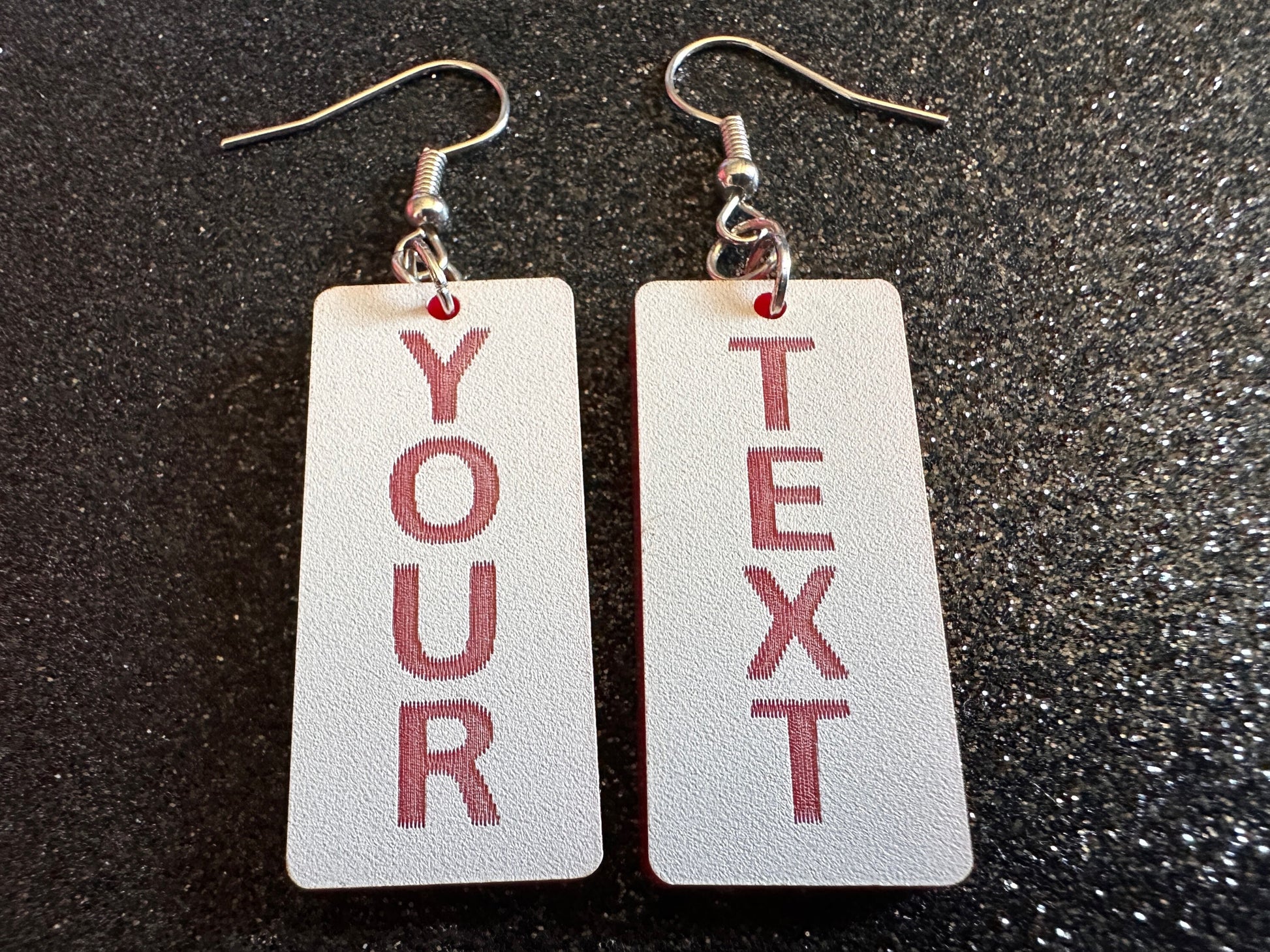 Custom Text Earrings: Laser Engraved Words, White with Red Text, Letters, Names, Teacher Gift, Anniversary, Best Gifts for Her/Him/Them