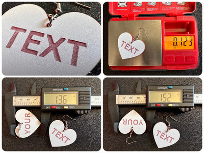 Custom Text Earrings: Laser Engraved Words, White with Red Text, Letters, Names, Teacher Gift, Anniversary, Best Gifts for Her/Him/Them