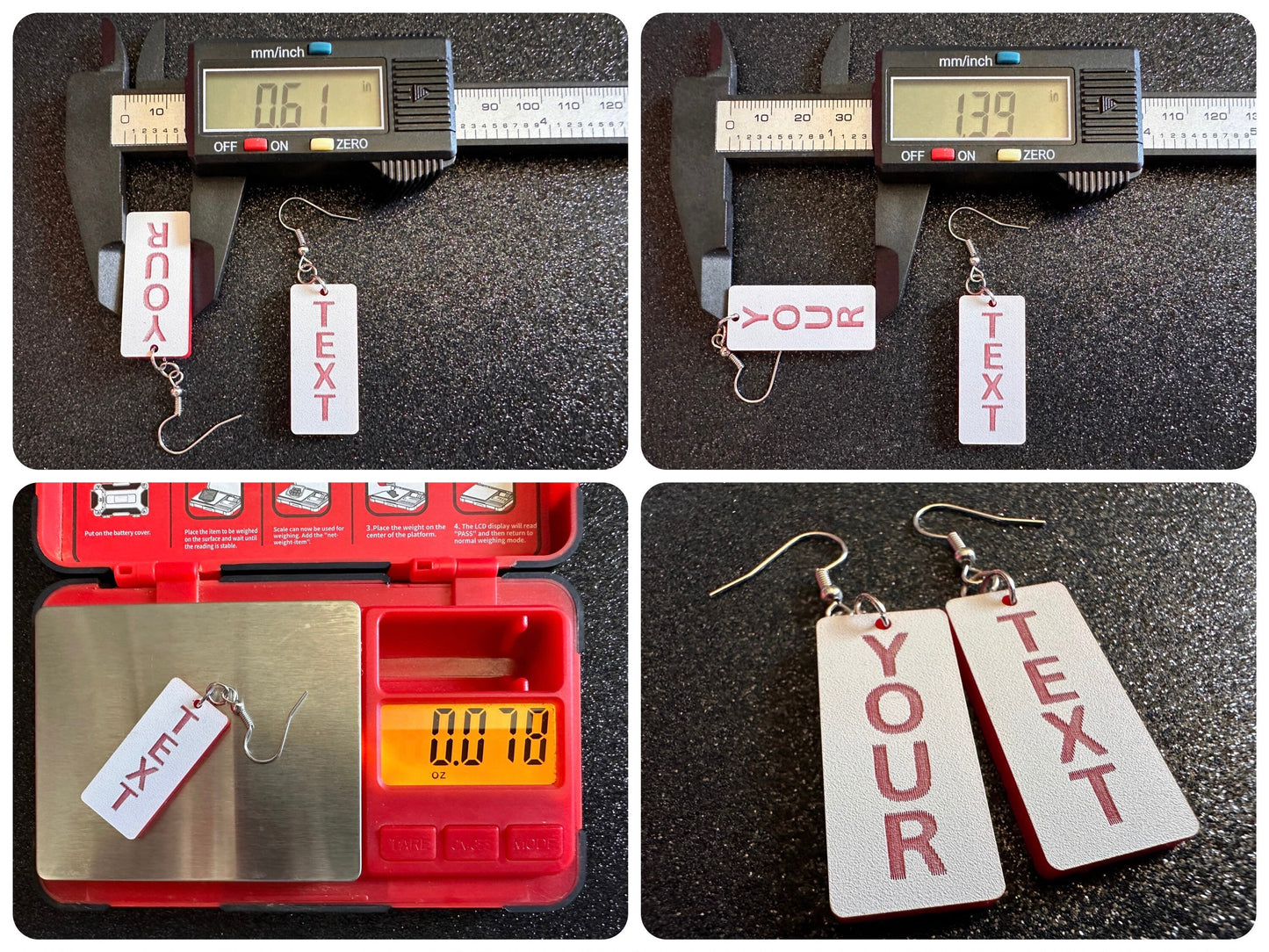 Custom Text Earrings: Laser Engraved Words, White with Red Text, Letters, Names, Teacher Gift, Anniversary, Best Gifts for Her/Him/Them