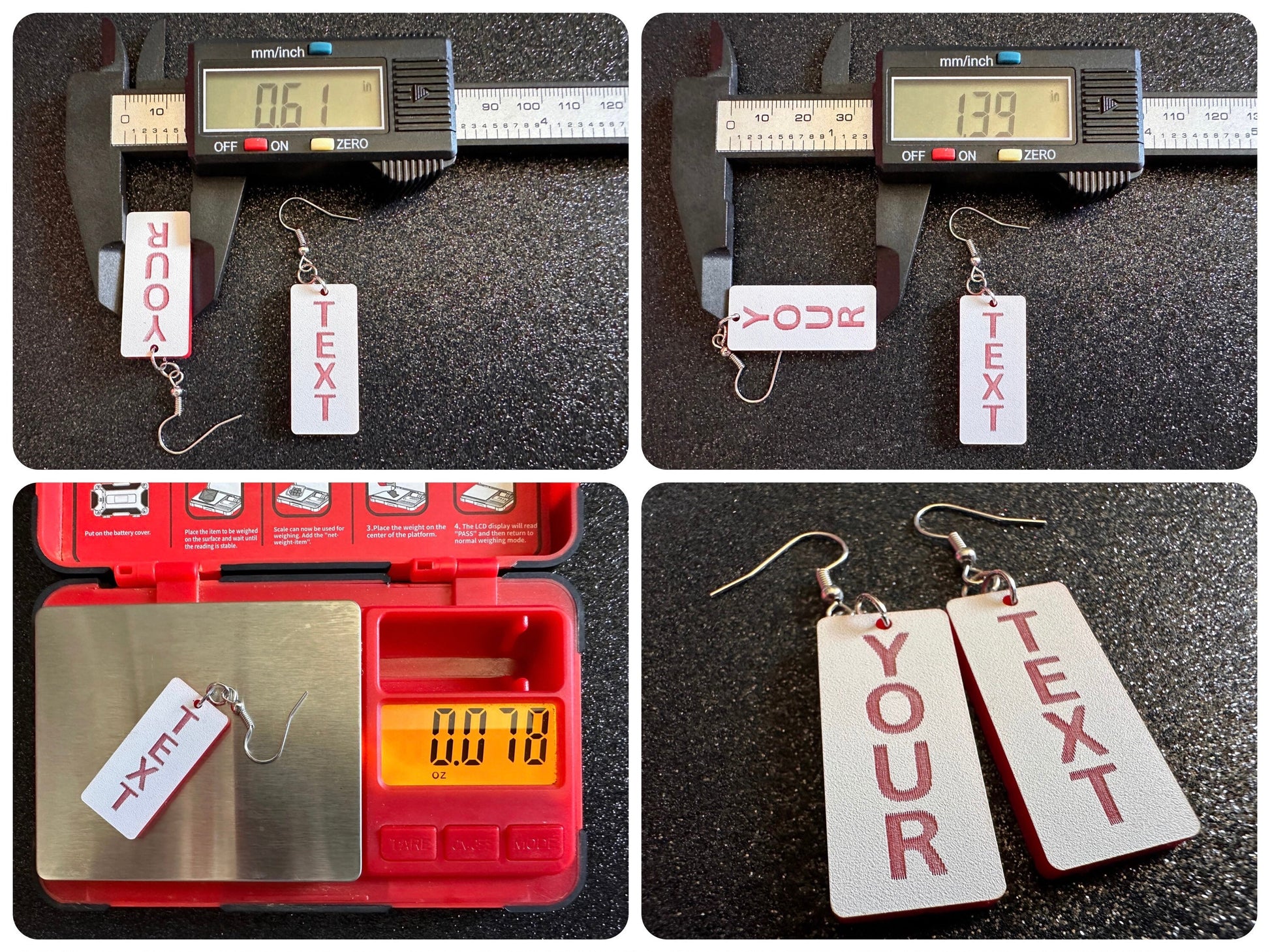 Custom Text Earrings: Laser Engraved Words, White with Red Text, Letters, Names, Teacher Gift, Anniversary, Best Gifts for Her/Him/Them