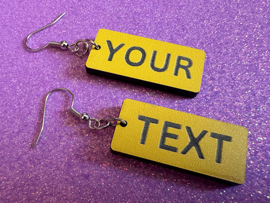 Custom Text Earrings: Laser Engraved Words, Yellow with Black Text, Letters, Names, Teacher Gift, Anniversary, Best Gifts for Her/Him/Them