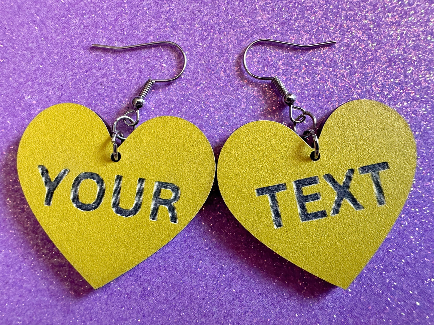 Custom Text Earrings: Laser Engraved Words, Yellow with Black Text, Letters, Names, Teacher Gift, Anniversary, Best Gifts for Her/Him/Them