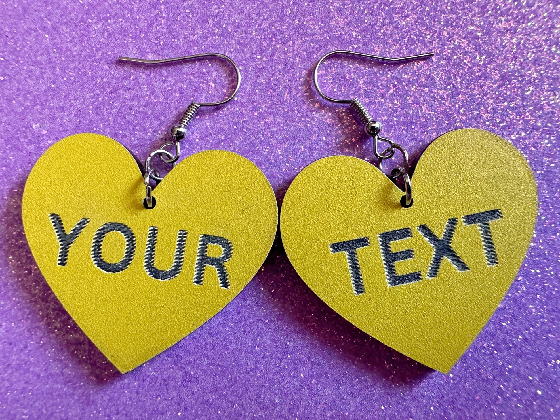 Custom Text Earrings: Laser Engraved Words, Yellow with Black Text, Letters, Names, Teacher Gift, Anniversary, Best Gifts for Her/Him/Them