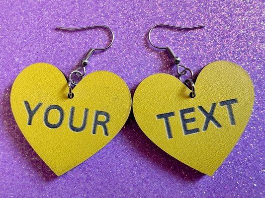 Custom Text Earrings: Laser Engraved Words, Yellow with Black Text, Letters, Names, Teacher Gift, Anniversary, Best Gifts for Her/Him/Them
