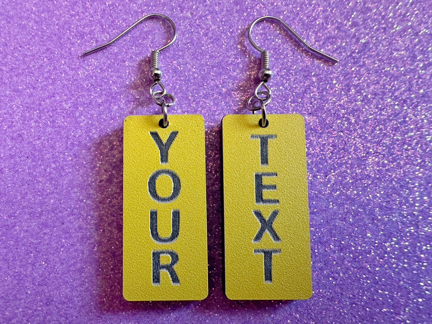 Custom Text Earrings: Laser Engraved Words, Yellow with Black Text, Letters, Names, Teacher Gift, Anniversary, Best Gifts for Her/Him/Them