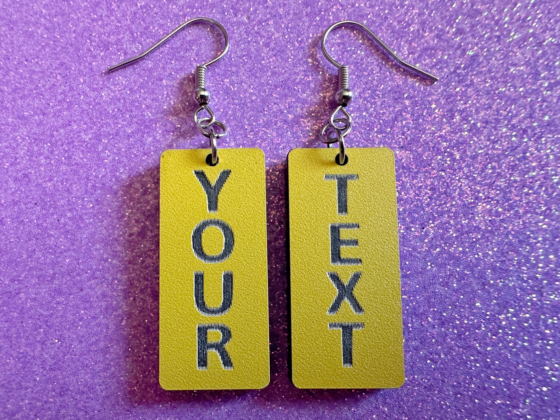 Custom Text Earrings: Laser Engraved Words, Yellow with Black Text, Letters, Names, Teacher Gift, Anniversary, Best Gifts for Her/Him/Them