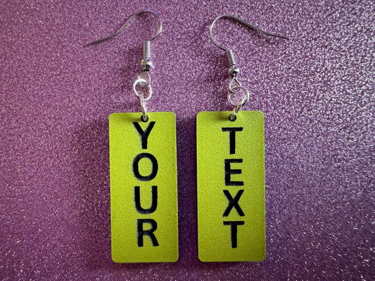 Custom Text Earrings: Laser Engraved Words, Yellow with Black Text, Letters, Names, Teacher Gift, Anniversary, Best Gifts for Her/Him/Them