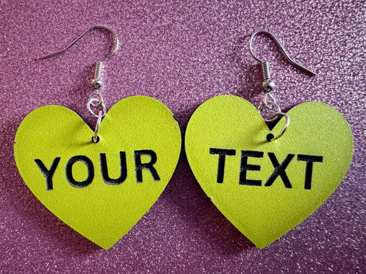 Custom Text Earrings: Laser Engraved Words, Yellow with Black Text, Letters, Names, Teacher Gift, Anniversary, Best Gifts for Her/Him/Them