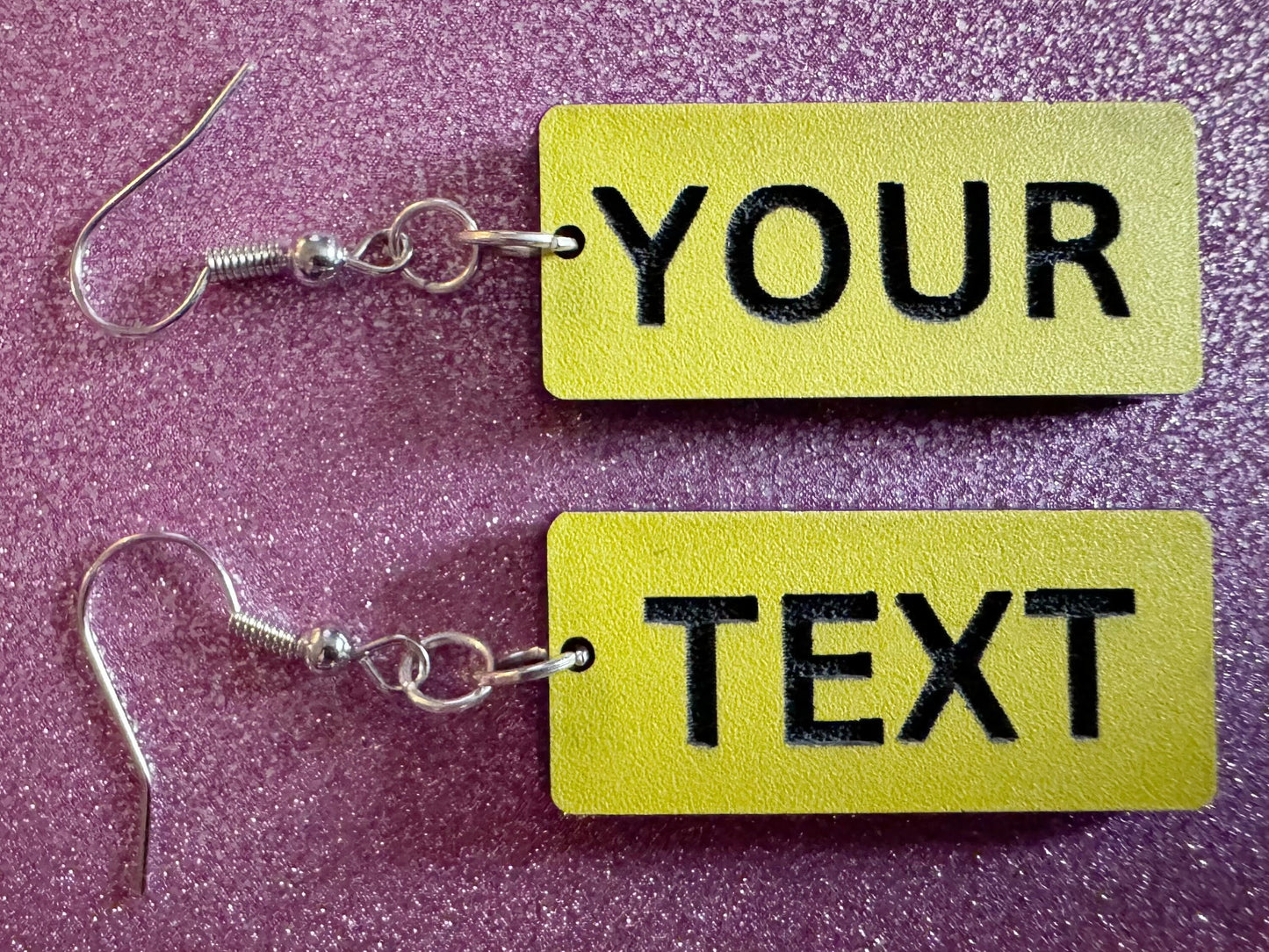 Custom Text Earrings: Laser Engraved Words, Yellow with Black Text, Letters, Names, Teacher Gift, Anniversary, Best Gifts for Her/Him/Them