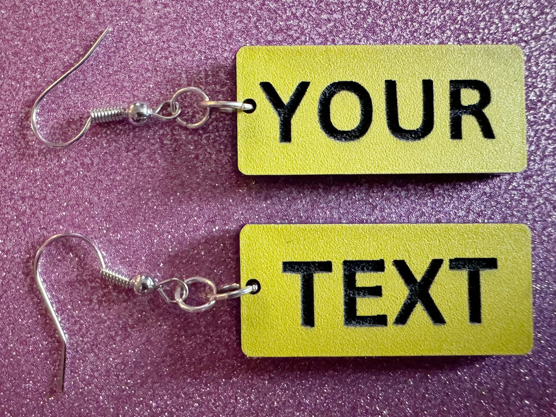 Custom Text Earrings: Laser Engraved Words, Yellow with Black Text, Letters, Names, Teacher Gift, Anniversary, Best Gifts for Her/Him/Them