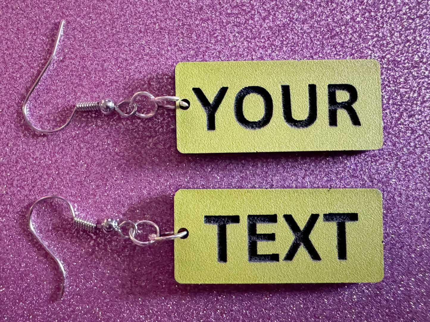 Custom Text Earrings: Laser Engraved Words, Yellow with Black Text, Letters, Names, Teacher Gift, Anniversary, Best Gifts for Her/Him/Them