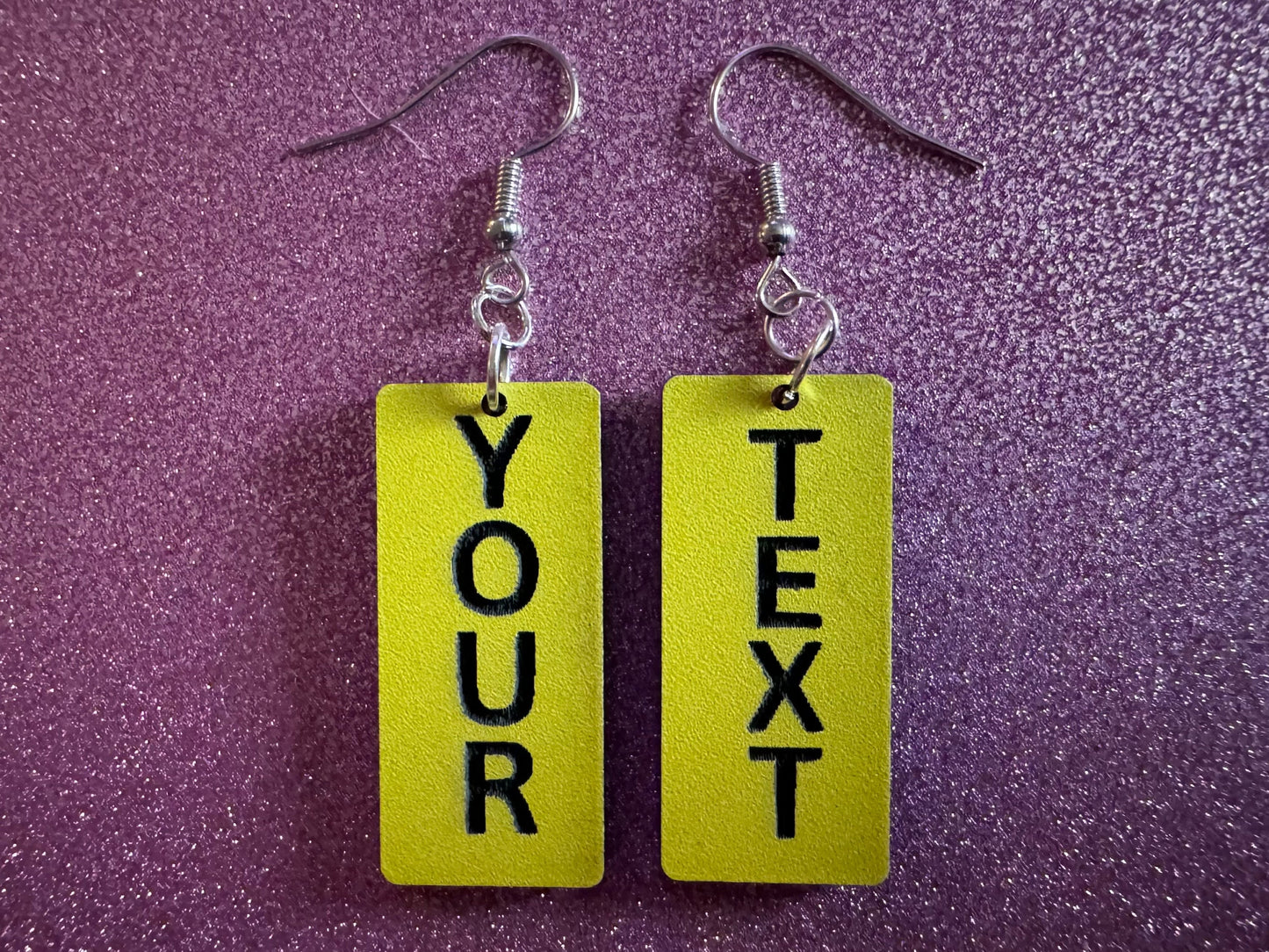Custom Text Earrings: Laser Engraved Words, Yellow with Black Text, Letters, Names, Teacher Gift, Anniversary, Best Gifts for Her/Him/Them