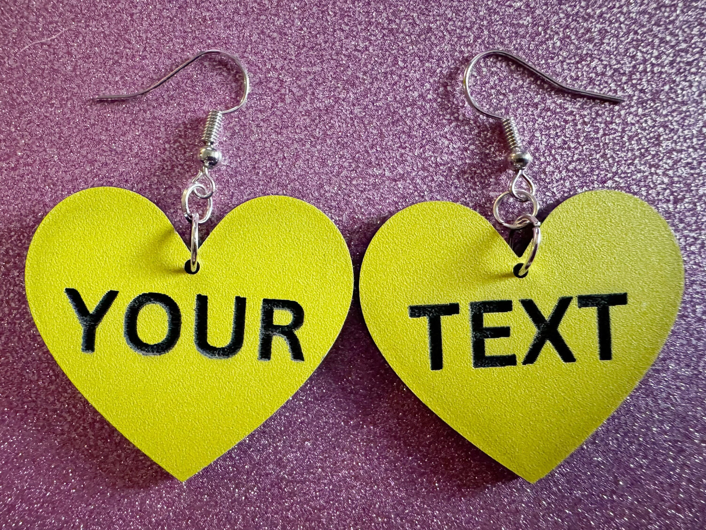 Custom Text Earrings: Laser Engraved Words, Yellow with Black Text, Letters, Names, Teacher Gift, Anniversary, Best Gifts for Her/Him/Them