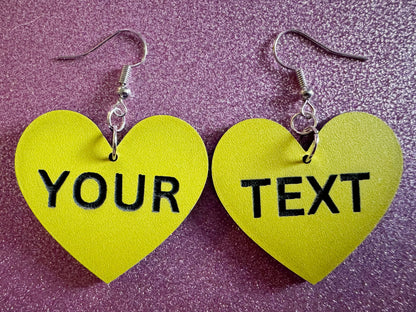 Custom Text Earrings: Laser Engraved Words, Yellow with Black Text, Letters, Names, Teacher Gift, Anniversary, Best Gifts for Her/Him/Them