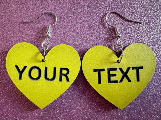 Custom Text Earrings: Laser Engraved Words, Yellow with Black Text, Letters, Names, Teacher Gift, Anniversary, Best Gifts for Her/Him/Them
