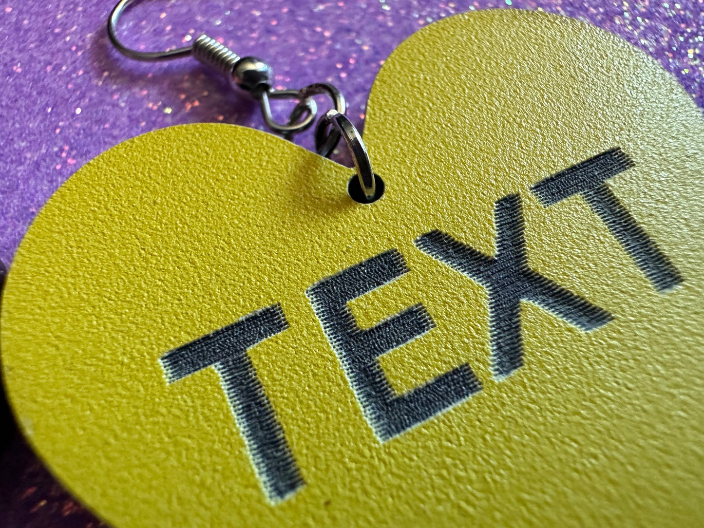 Custom Text Earrings: Laser Engraved Words, Yellow with Black Text, Letters, Names, Teacher Gift, Anniversary, Best Gifts for Her/Him/Them