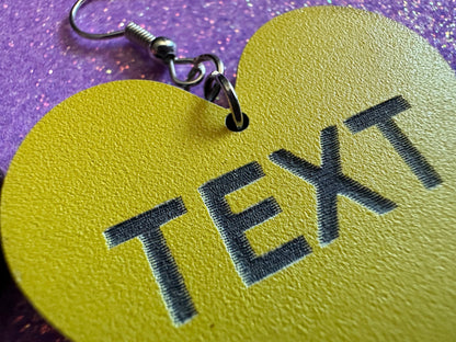Custom Text Earrings: Laser Engraved Words, Yellow with Black Text, Letters, Names, Teacher Gift, Anniversary, Best Gifts for Her/Him/Them